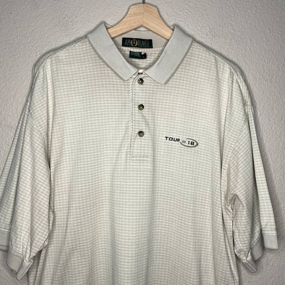 AM Player Shirt Cream White Checked Collared Button Cotton Golf Polo Size Large - Picture 3 of 11